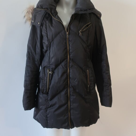 Womens Andrew Marc Black Down Coat W/Raccoon Fur Hood L - Picture 3 of 10